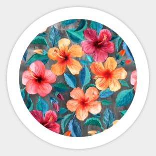 Colorful Watercolor Hibiscus on Dark Charcoal Sticker